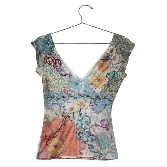 Goa Wild Daisy Print Y2K Top with Embroidery - Picture 2 of 12